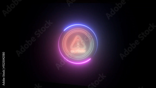 Glowing Caution Sign with Circular Neon Lights in Dark Background for Warning Message caution sign