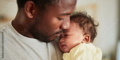 Close-up of a father gently kissing his infant child's forehead, showcasing tender paternal love and infant vulnerability