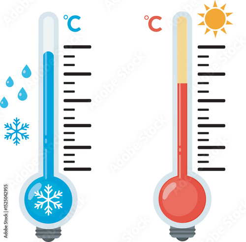  Dual Thermometer Design Illustrates Hot and Cold Temperatures with Celsius Scale for Weather and Climate Concepts