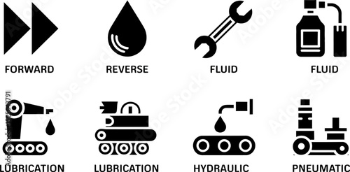 Understanding industrial automation symbols forward reverse fluid lubrication hydraulic pneumatic systems editable stock vector illustration