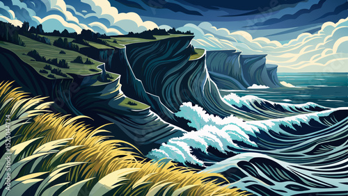 Vector illustration of coastal cliffs with wild grasses and crashing waves ideal for dramatic seascapes, nature-inspired designs, travel posters, and scenic outdoor art