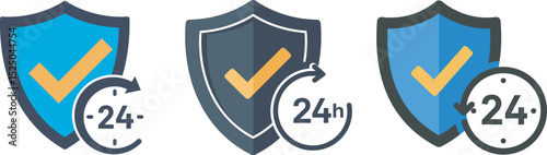Set of 24/7 Security Shield Icons with Checkmarks for Continuous Protection and Support Services