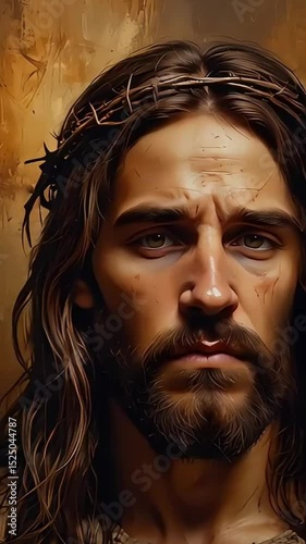 Dark portrait of a serious young man Jesus Christ with a beard, looking at the camera with an intense expression