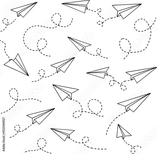 Simple black and white paper airplanes flying on a white background in a seamless pattern