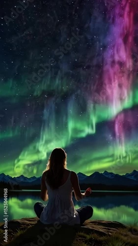 Moonlit aurora borealis illuminates a woman in a lotus yoga pose in the mountain