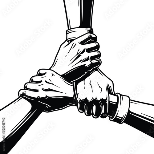 Three hands holding together symbolic of unity support and teamwork in black and white