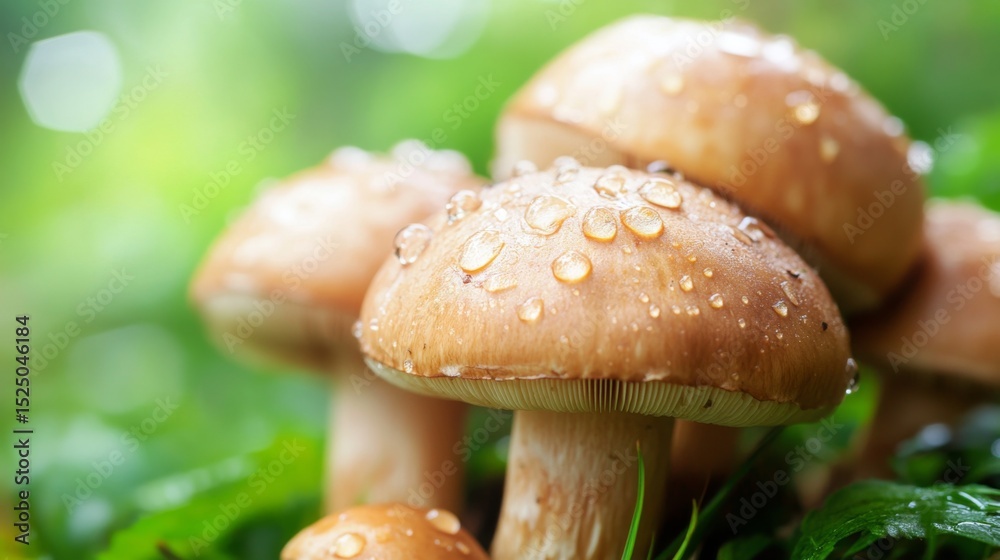 Obraz premium A close-up of fresh mushrooms with dew drops on their caps, set against a soft-focus natural background, highlighting their freshness and appeal in culinary dishes.