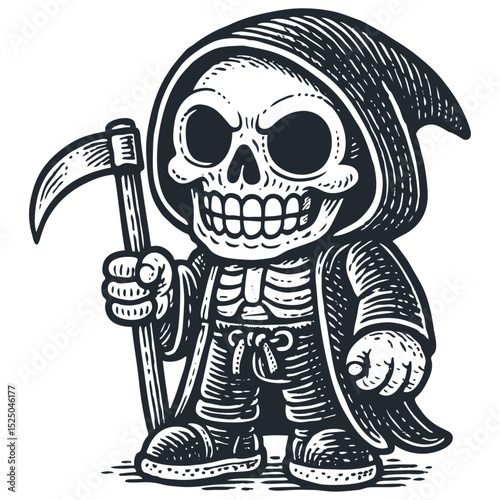 Cute cartoon Grim Reaper with a big skull face, hooded robe, and scythe. Monochrome vector art. Adorable spooky character for Halloween or fun designs.