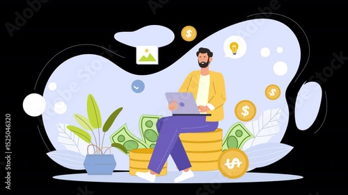 Online Earning Flat Character Looping Animation Scene