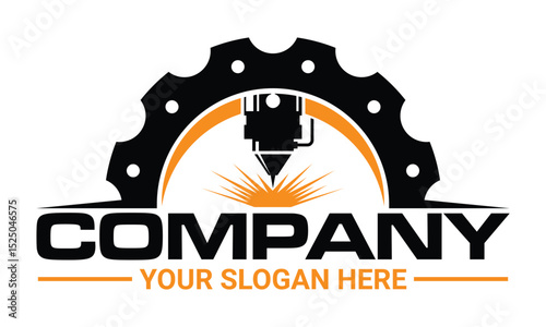 Laser cutting logo emblem with gear icon vector silhouette. Cnc machine logo vector template