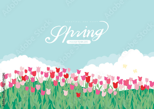 A peaceful tulip field landscape illustration under the warm spring sunlight. 
