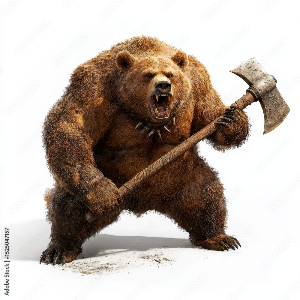 Obraz premium A bear warrior with a battle axe, towering and powerful, gritty realism, isolated on white background