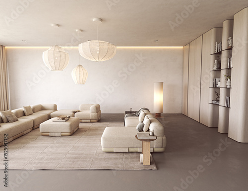 Fototapeta Naklejka Na Ścianę i Meble -  Minimalist living room with modular sofa and curved wood shelving