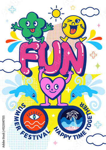 A colorful and cheerful summer festival poster with lovely characters and fun vibes

