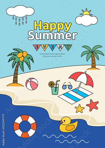 A delightful summer event poster filled with various beach items and playful illustrations

