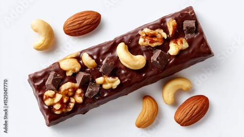 Torn Open Protein Bar with Nuts and Chocolate Pieces on a Light Background photo