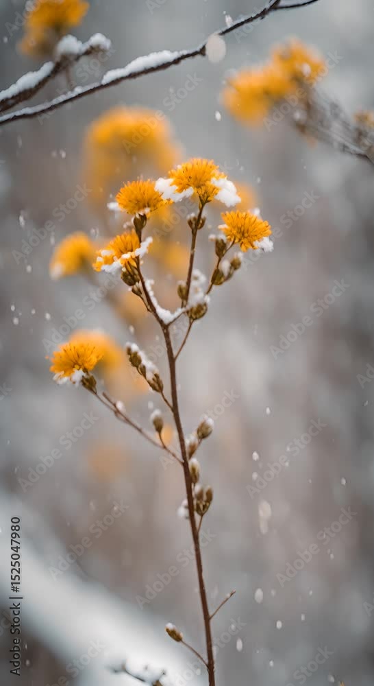 A delicate branch of wildflowers stands tall against a backdrop of falling snow and blurred trees Sno in spring Snow in May snow in June 4K vertical