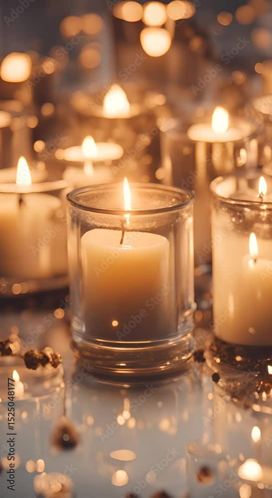 A close up shot of a lit candle in a glass jar placed amongst a scattering of other candles 4K vertical A close up shot of a lit candle in a glass jar placed amongst a scattering of other candles 4K vertical