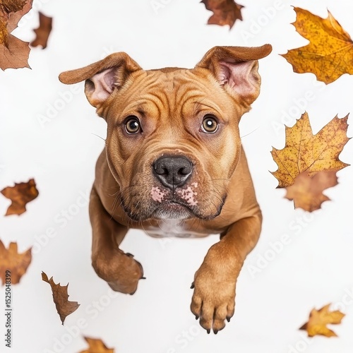 A kung fu dog surrounded by falling leaves, seasonal autumn palette, artistic style, isolated on white background