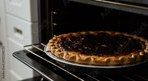 Baked pie sitting in oven with dark filling and golden crust  
