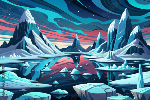 Vector illustration of a frozen lake with distant icebergs under a cold, serene sky perfect for arctic landscapes, winter scenes, and nature-themed visual projects
