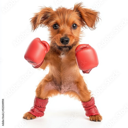 A kickboxing dog with gloves, high-energy action shot, vibrant colors, isolated on white background