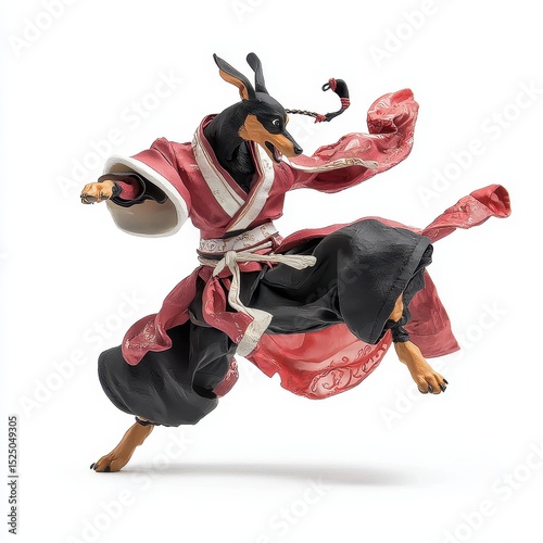 A kung fu dog mid-kick, dynamic pose, vivid comic-book style, isolated on white background