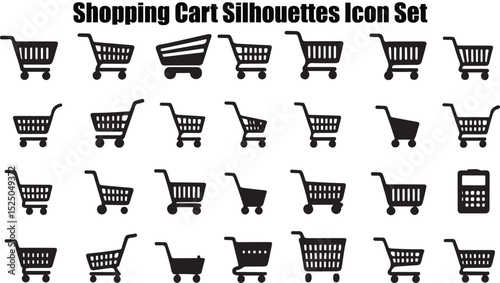 A diverse collection of shopping cart silhouettes, showcasing various styles and designs.  The minimalist black silhouette style is a distinctive feature.