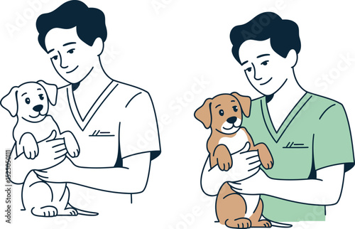 Cartoon vector illustration of a woman veterinarian with a dog and a boy, depicting health and family