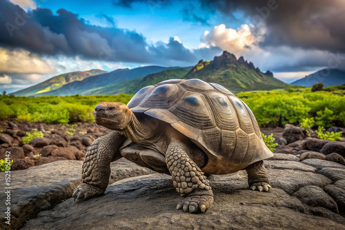 A Galapagos tortoise, massive and ancient, ambles across dark volcanic rock.  A dramatic, colorful sunset sky and verdant hills form a stunning backdrop
