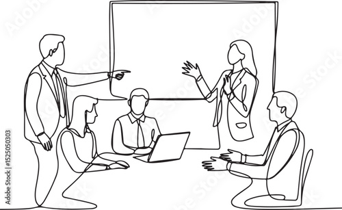 continuous single line drawing of a business meeting with six people, laptop, and whiteboard in a modern office scene