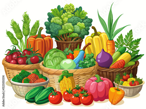 vector of A colorful assortment of fresh vegetables in woven baskets containing tomatoes, bell peppers, broccoli, zucchini and more against a transparent background.