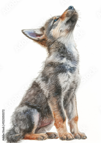 A little wolf cub sits and looks up on a white background.