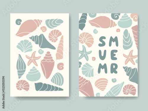 Playful summer cards with pastel sea shells starfish. Beach vibe Background. Flat shapes soft palette. Perfect for banner, social media, poster, kids decor, seasonal branding, invitation, packaging