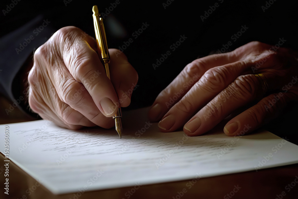 custom made wallpaper toronto digitalClose-up of elderly hands signing a last will and testament with a gold pen, legal document details slightly blurred.