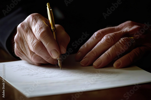 Close-up of elderly hands signing a last will and testament with a gold pen, legal document details slightly blurred.