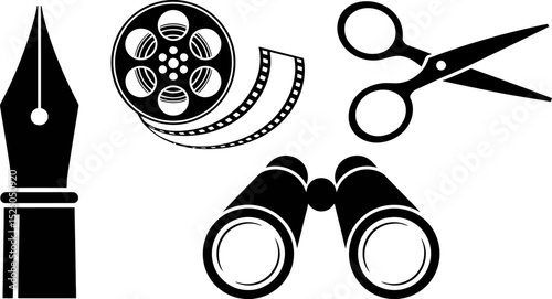 Writing editing film making creative process tools pen scissors binoculars movie reel black white art editable stock vector illustration