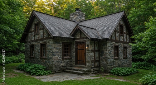 Cozy stone cottage nestled amongst lush trees