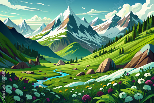 Vector illustration of an alpine valley with lush green pastures and colorful wildflowers ideal for serene landscapes, countryside scenes, and nature-themed artwork
