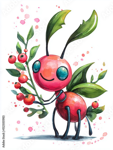 hand-drawn watercolor illustration of cute cartoon Ants and berry,watercolor of animal on white paper