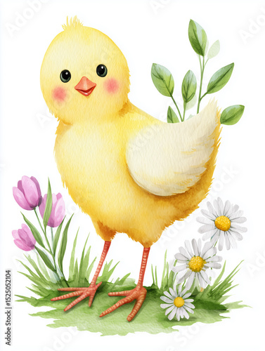 hand-drawn watercolor illustration of cute cartoon chick or pullet, ,watercolor of animal on white paper