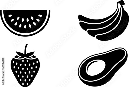 Black and white fruit vector icons: watermelon, bananas, strawberry, avocado, healthy food illustration editable stock vector illustration