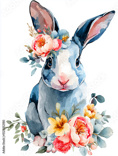 hand-drawn watercolor illustration of cute cartoon raccoon rabbit and flower,watercolor of animal on white paper