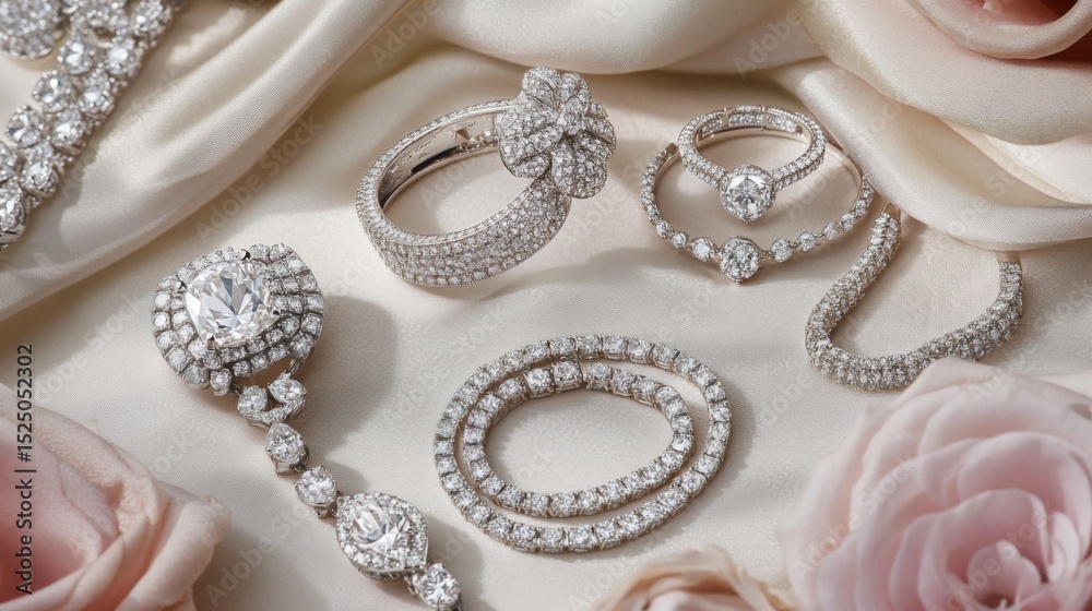 Fototapeta premium A flat lay of assorted diamond jewelry pieces, including rings, bracelets, and pendants, arranged on a stylish fabric backdrop for a luxurious presentation.