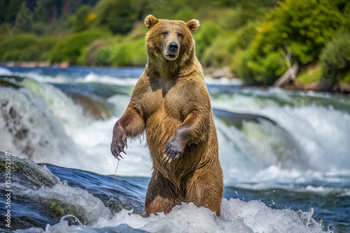 A large brown bear stands bipedally in a rushing river, its paws slightly submerged, against a backdrop of lush greenery and cascading waterfalls
