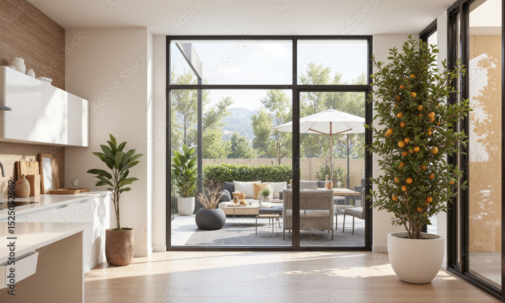 Fototapeta premium Citrus Tree (Citrus spp.) Dwarf citrus varieties like oranges, limes, and mandarins, planted in decorative terracotta or ceramic pots, adding