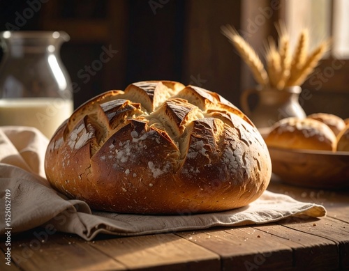 Boule de pain campagnard posé sur une table en bois dans une cuisine. Generated image