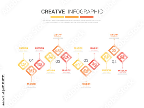 Infographic quarterly template for presentation 12 months in 4 quarter can be used for workflow layout, process diagram, flow chart.