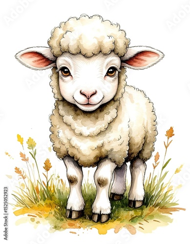 cute little sheep watercolor illustration. template card, print.
