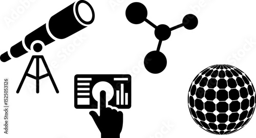 Science technology research innovation exploration discovery telescope molecule data globe vector icon set editable stock vector illustration